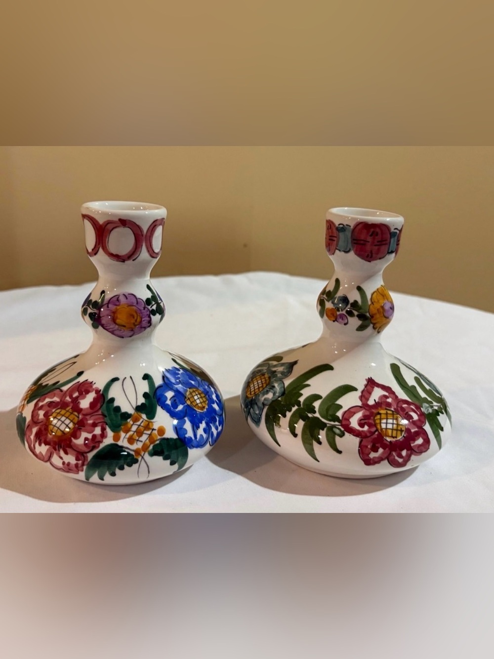 Hand-Painted Floral Ceramic Double Candlestick Pair - MADHANI SKYROS GREEK